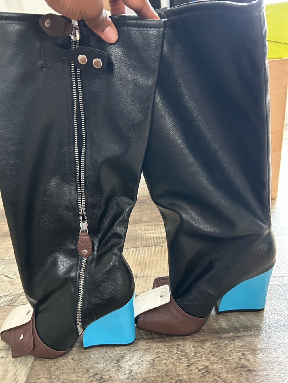 Women’s Black Leather Knee Boots with Turquoise Block Heel